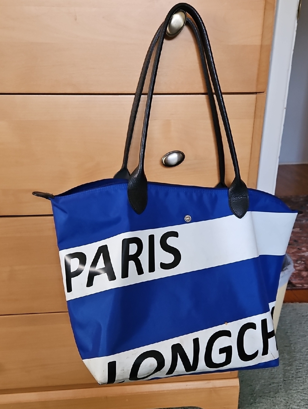 Longchamp Blue and White Paris Tote Bag with Black Handles